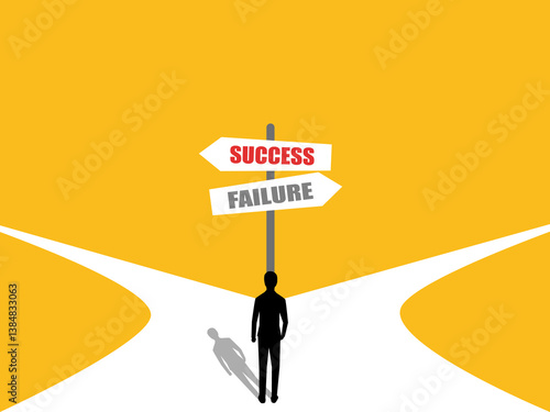 Businessman chooses a path with signs of success and failure