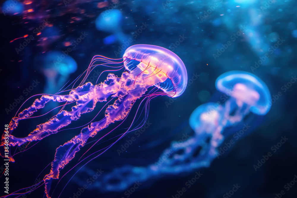 Naklejka premium Glowing jellyfish swimming in dark ocean depths creating a stunning spectacle