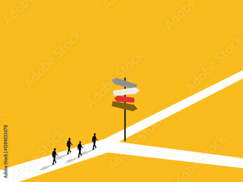 Businessman walking at multiple street signs at intersection