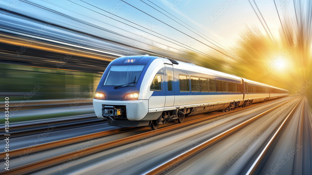 Naklejka premium high speed train is racing along tracks, showcasing modern engineering and speed against vibrant sunset backdrop