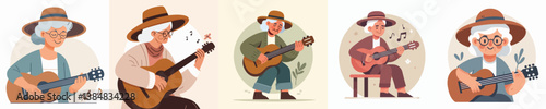 vector collection of grandmothers playing guitar