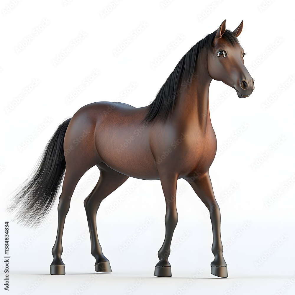 Obraz premium A majestic brown horse with a flowing black mane and tail stands gracefully on a pure white background.