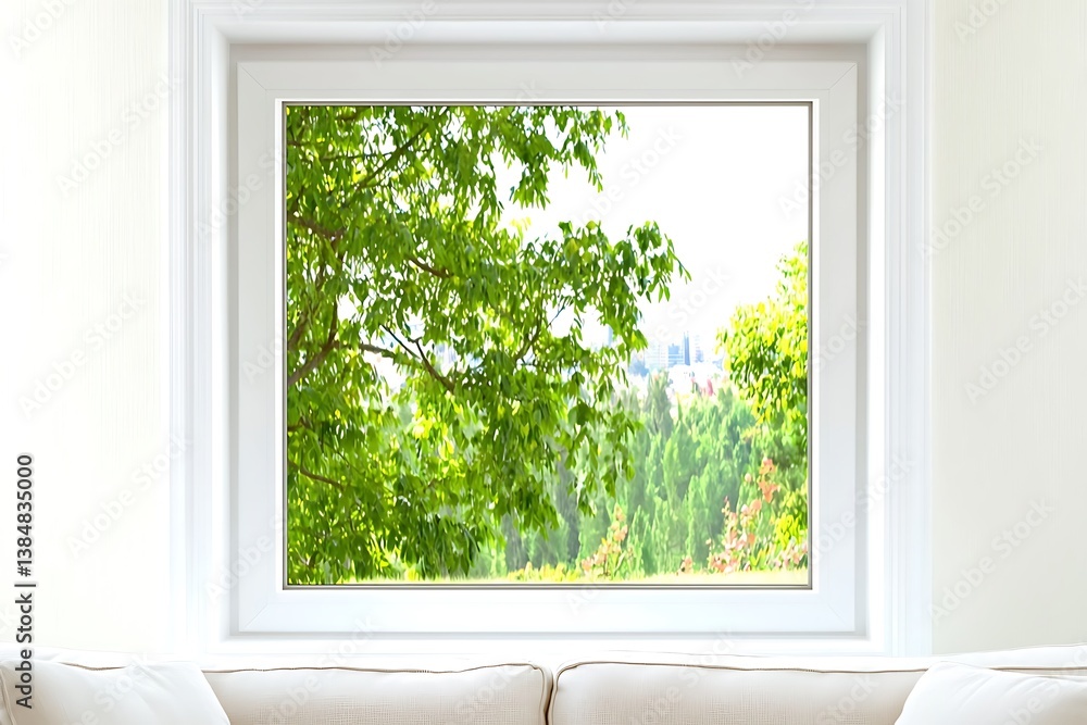Fototapeta premium Serene View Window Scene with Lush Green Foliage and Cityscape.