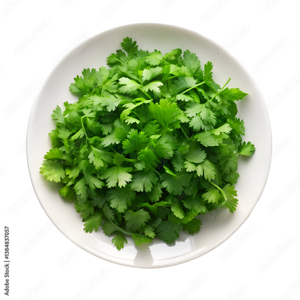 Chopped fresh cilantro in white plate isolated on transparent background Chopped fresh cilantro in white plate isolated on transparent background