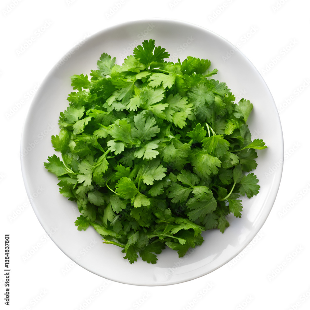 Chopped fresh cilantro in white plate isolated on transparent background Chopped fresh cilantro in white plate isolated on transparent background