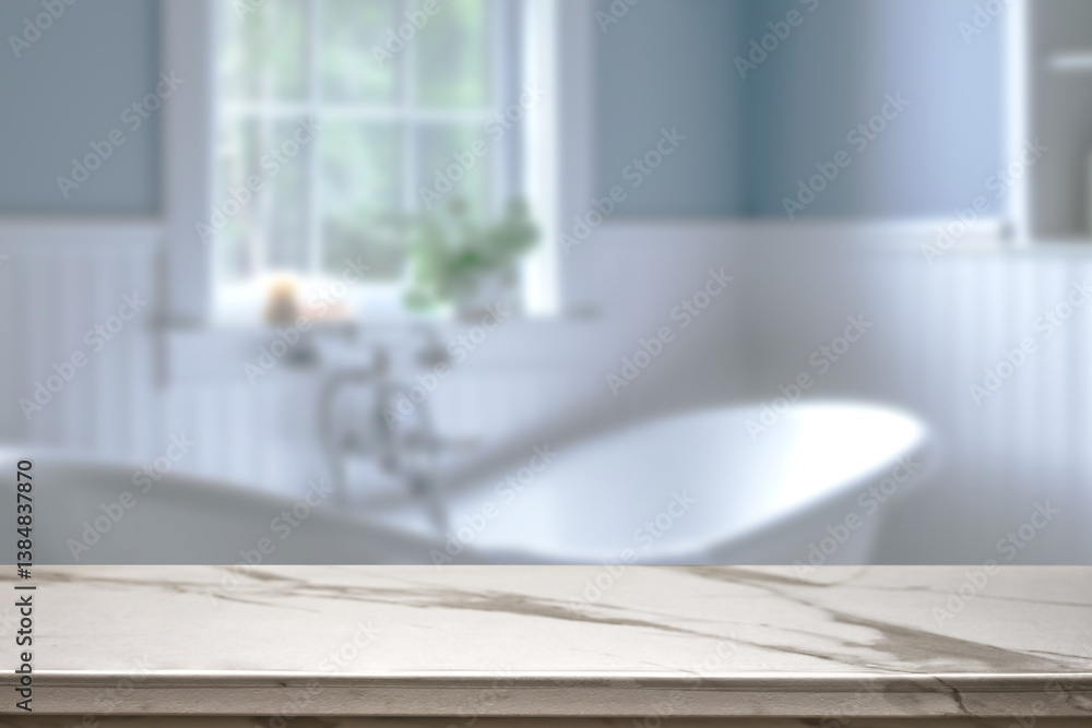 Fototapeta premium Empty marble top table with blurred bathroom interior Background. for product display.