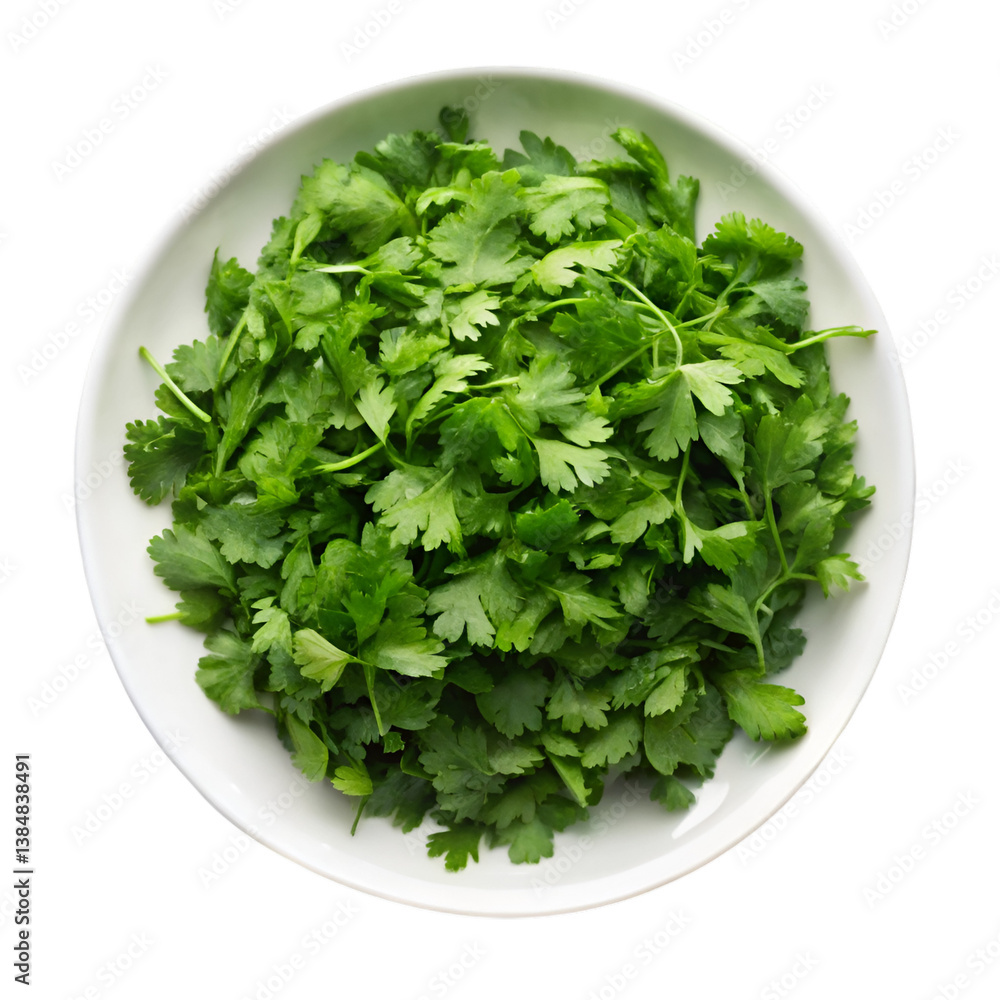 Chopped fresh cilantro in white plate isolated on transparent background Chopped fresh cilantro in white plate isolated on transparent background