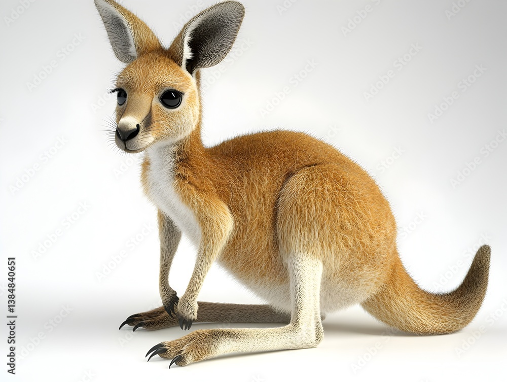 Fototapeta premium An adorable red kangaroo joey sits calmly posing for a photograph against a plain white background.