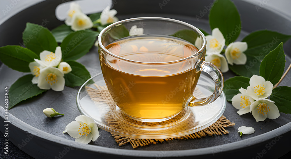 Elegant Jasmine Tea in Clear Glass Cup with White Flowers on Dark Gray Tray for Herbal Drink and Refreshment Elegant Jasmine Tea in Clear Glass Cup with White Flowers on Dark Gray Tray for Herbal Drink and Refreshment