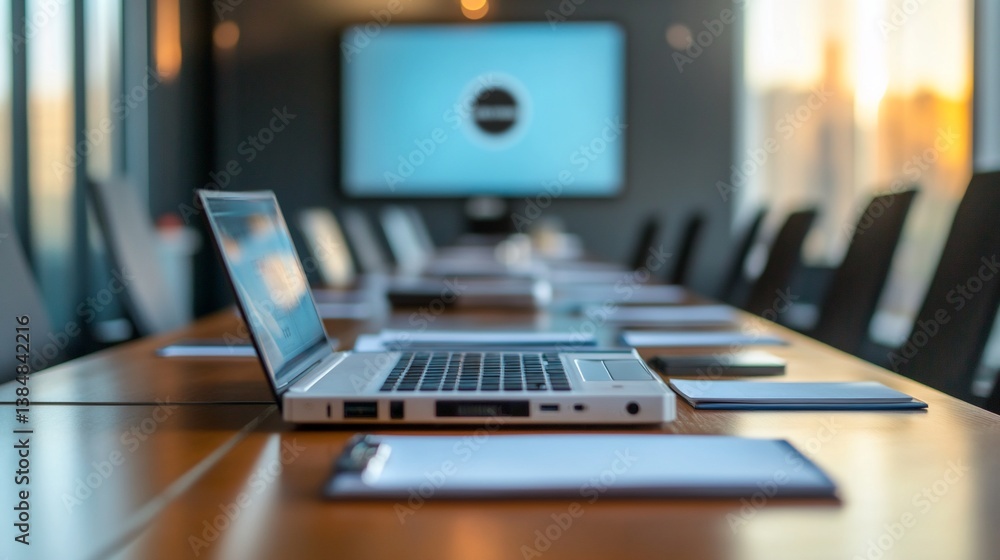 Laptop, conference room, meeting prep, city view, presentation Laptop, conference room, meeting prep, city view, presentation