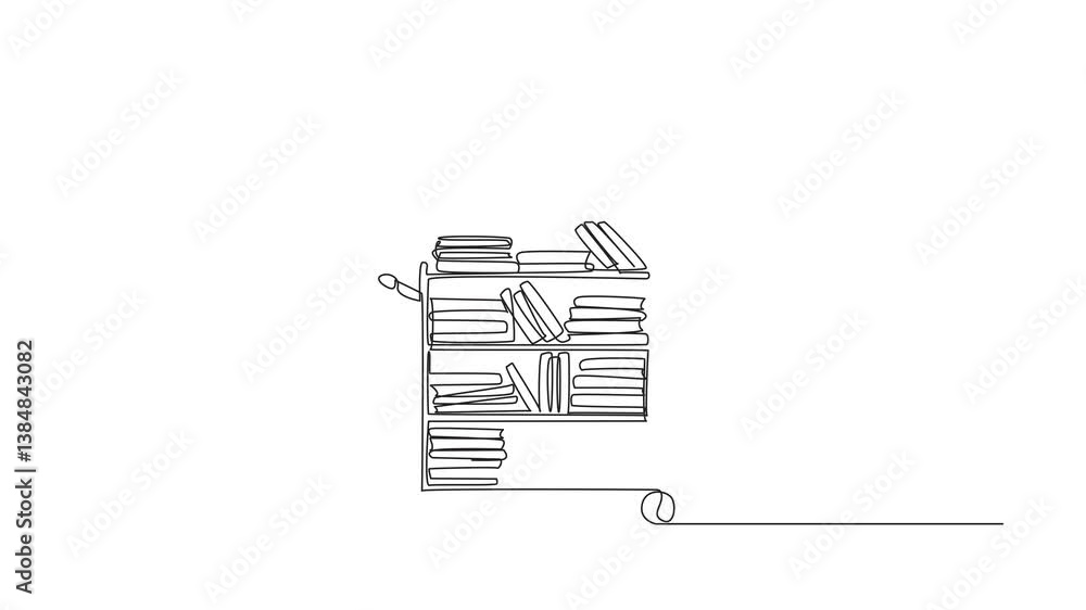 Self drawing animation of single continuous line drawing male librarian pushing a trolley full of books. Maintenance measures. Avoid to many books. National School Librarian Day. Full length animated Self drawing animation of single continuous line drawing male librarian pushing a trolley full of books. Maintenance measures. Avoid to many books. National School Librarian Day. Full length animated