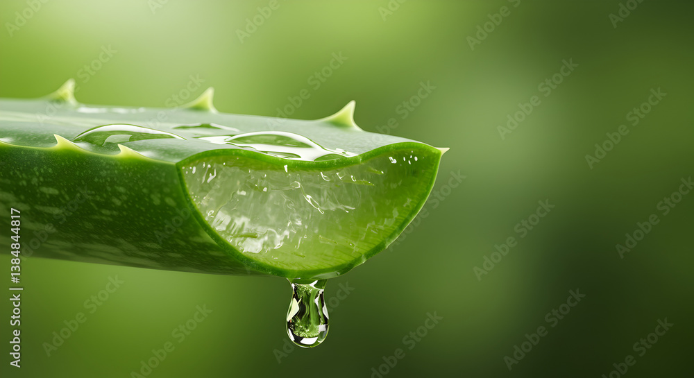 Fototapeta premium Close up of Fresh Aloe Vera Leaf with Water Droplet on a Green Bokeh Background