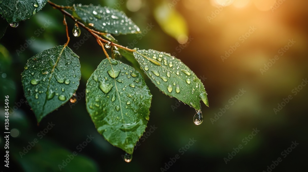 Dew-covered green leaves backlit by the warm glow of sunset, creating an enchanting scene that emphasizes the beauty of nature and its delicate details.