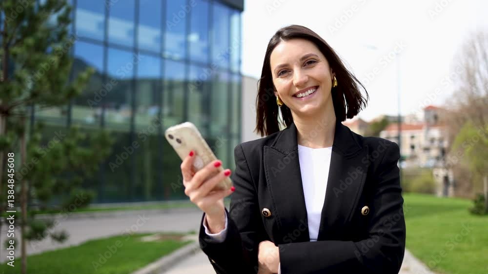 Smiling businesswoman using smartphone in front of office building Smiling businesswoman using smartphone in front of office building