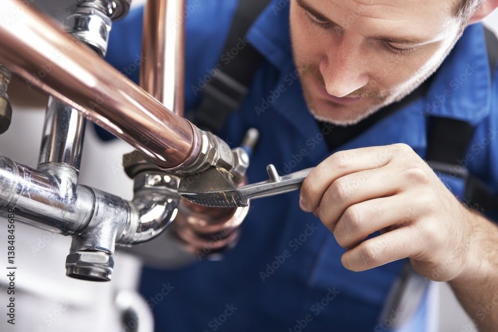 A plumber adjusting copper pipes in a newly built home. Featuring craftsmanship and technical skill A plumber adjusting copper pipes in a newly built home. Featuring craftsmanship and technical skill