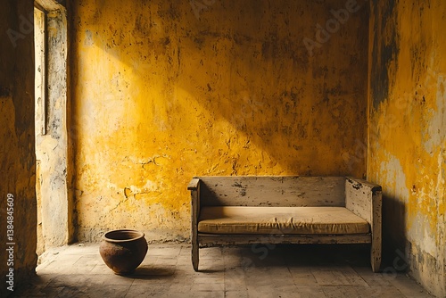 Rustic Wooden Bench in a Sunlit Room with Aged Yellow Walls. A simple, aged wooden bench sits in a room with a distressed yellow wall, illuminated by sunlight streaming through a window.