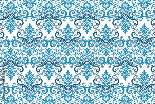 blue ornamental bohemian pattern in damask style with elegant arabesque leaf motifs for classic textile and wallpaper prints

