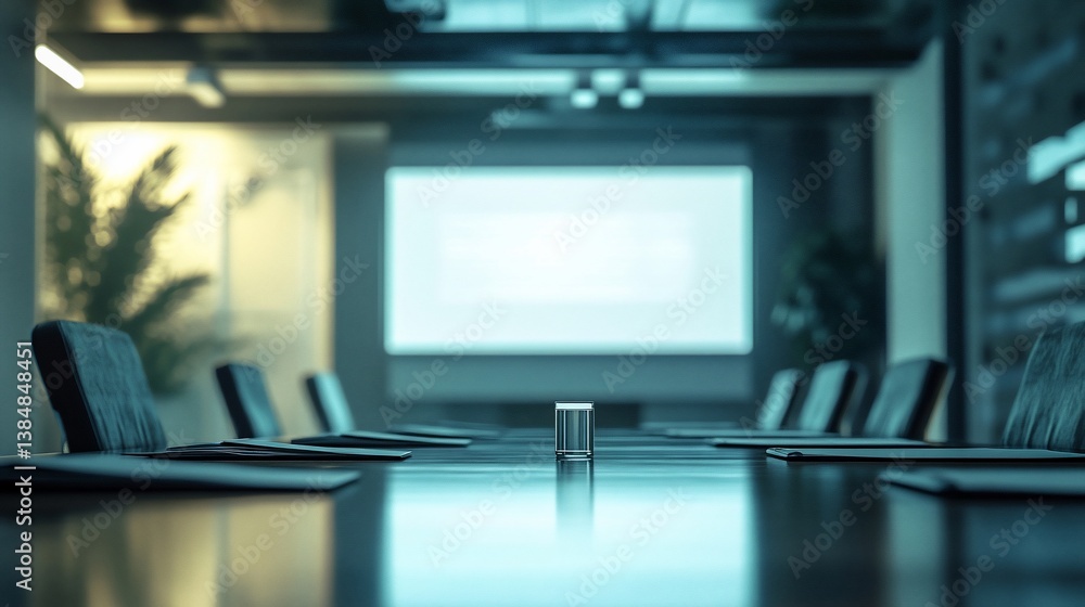 Empty conference room, presentation screen, meeting prep Empty conference room, presentation screen, meeting prep