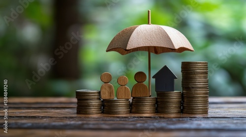 Family Financial Security:  A Wooden Umbrella Protecting Family Figures and a House Model on Stacks of Coins, Symbolizing Financial Stability and Protection.