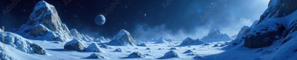 Frozen asteroid field with icy rocks and sparkling space debris, cold, ice, winter Frozen asteroid field with icy rocks and sparkling space debris, cold, ice, winter