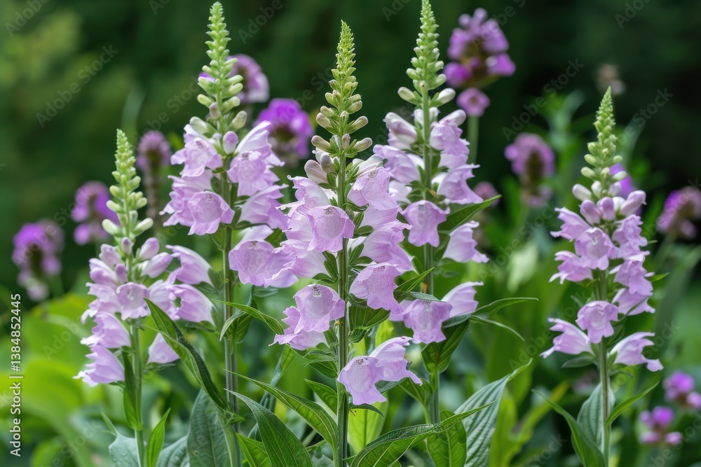 Blooming pink flowers in a vibrant garden with purple accents during sunny daytime Blooming pink flowers in a vibrant garden with purple accents during sunny daytime