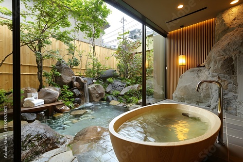 Serene Japanese Garden Bath Tranquil Outdoor Onsen Experience.