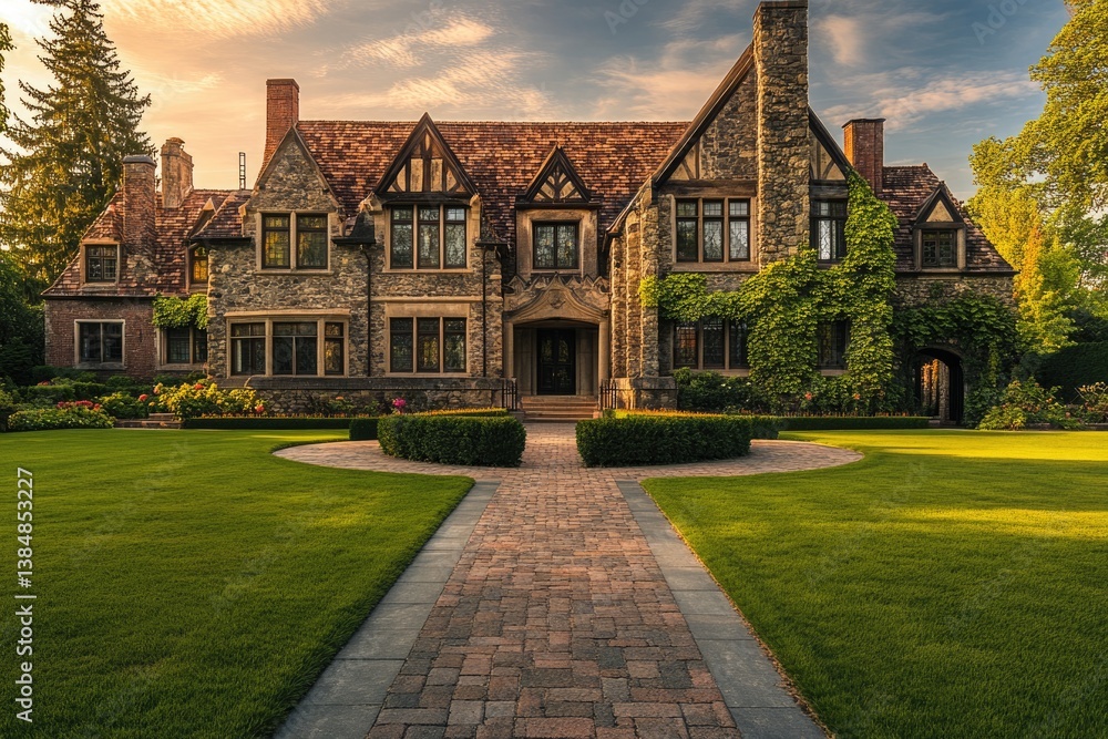 Fototapeta premium A majestic stone mansion basks in the golden sunset, showcasing its exquisite architecture and lush landscaping.