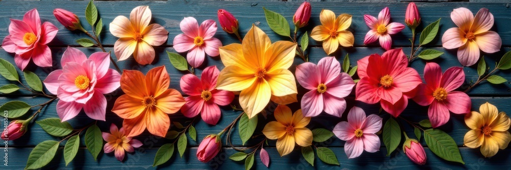 Intricately designed artificial flowers arranged in a layered, textured pattern on a wooden background , floral patterns, botanical Intricately designed artificial flowers arranged in a layered, textured pattern on a wooden background , floral patterns, botanical