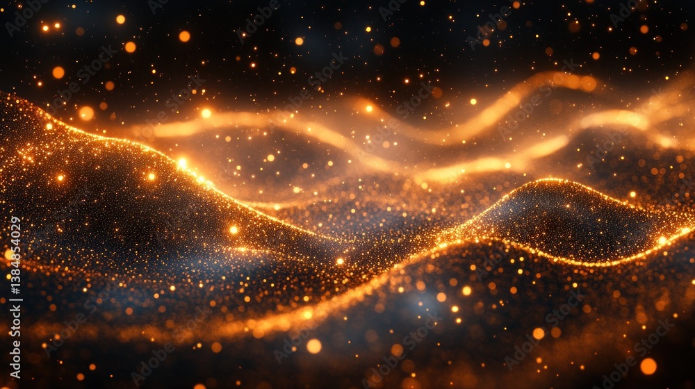 Golden Particles Flowing in Dark Abstract Background Golden Particles Flowing in Dark Abstract Background