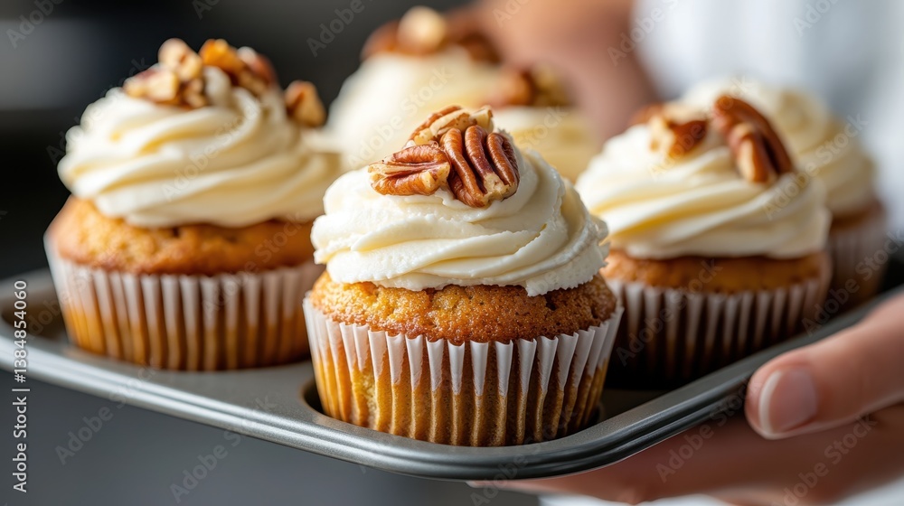 An enticing assortment of freshly baked cupcakes adorned with fluffy creamy frosting and topped with nuts, showcasing a delightful treat perfect for festive celebrations and gatherings. An enticing assortment of freshly baked cupcakes adorned with fluffy creamy frosting and topped with nuts, showcasing a delightful treat perfect for festive celebrations and gatherings.