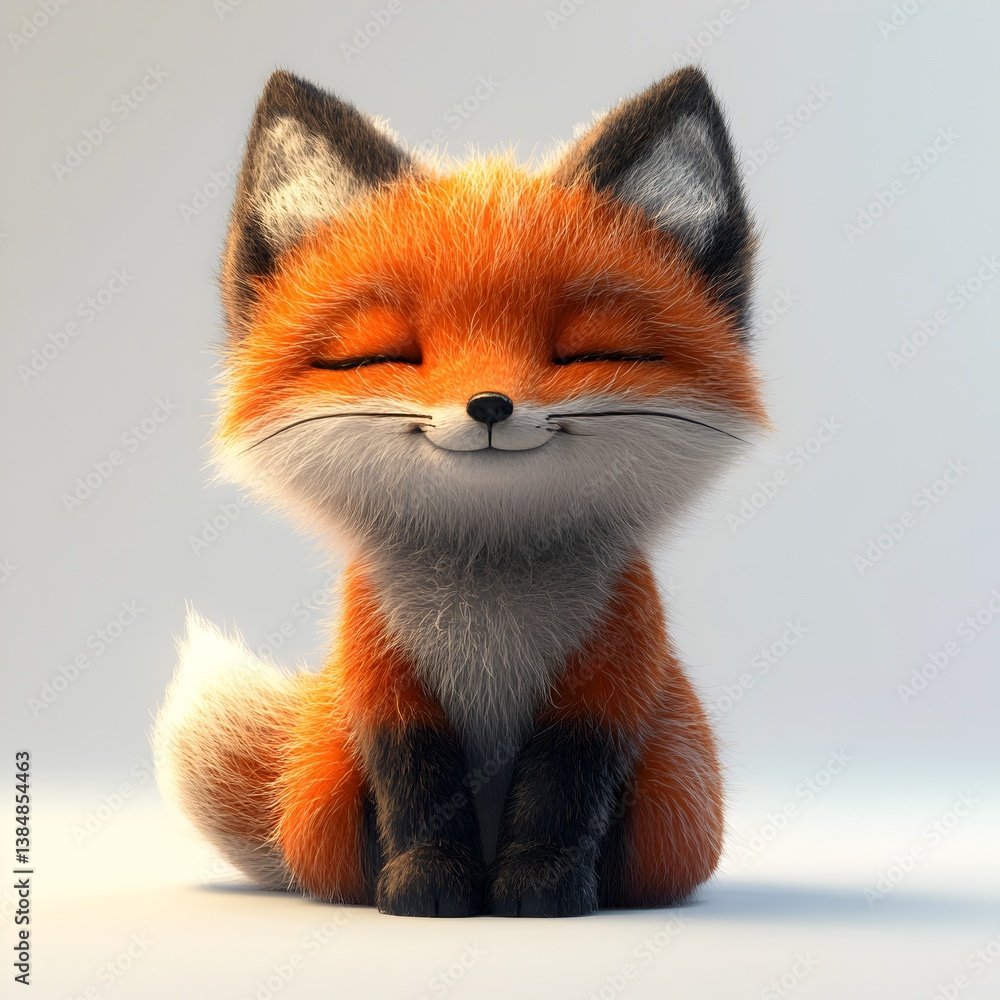 Fototapeta premium An adorable 3D rendered baby fox sits serenely with closed eyes and a happy expression against a soft white background.