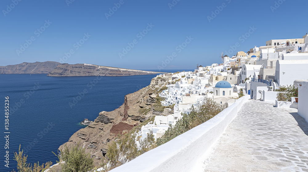 Obraz premium stunning view of whitewashed buildings along coastline, overlooking deep blue sea and rocky cliffs, evokes sense of tranquility and beauty