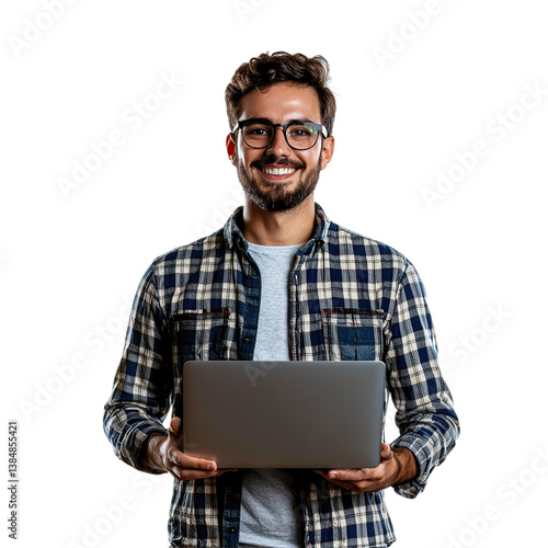 Smiling man laptop studio portrait.