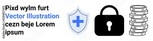 Shield with medical cross, lock, and coin stack suggest health, privacy, and financial safety. Ideal for healthcare, cybersecurity, fintech, insurance online protection banking simple landing page