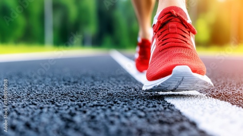 Close Up of Runner's Foot in Red Sports Shoe on Asphalt Track in Bright Green Park