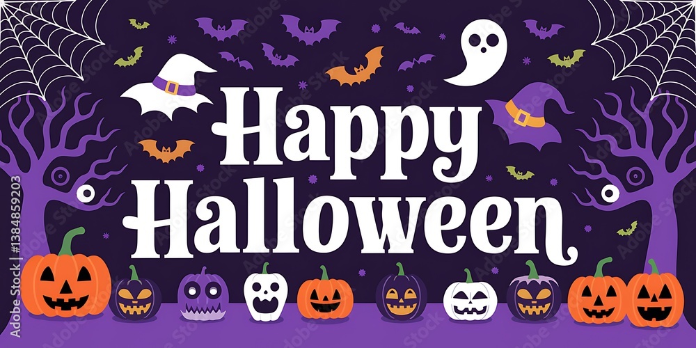Happy Halloween greeting card with pumpkins, bats, witches hats, ghost, and spooky trees. Happy Halloween greeting card with pumpkins, bats, witches hats, ghost, and spooky trees.