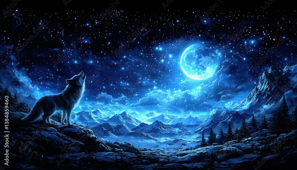 Obraz premium Lone Wolf Howling Under a Celestial Night