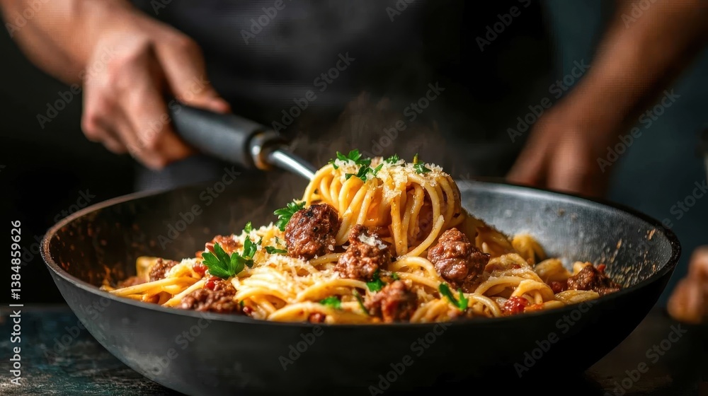 A tantalizing dish of pasta adorned with a rich meat sauce and a sprinkle of fresh herbs, evoking warmth and comfort in a visually appealing presentation. A tantalizing dish of pasta adorned with a rich meat sauce and a sprinkle of fresh herbs, evoking warmth and comfort in a visually appealing presentation.