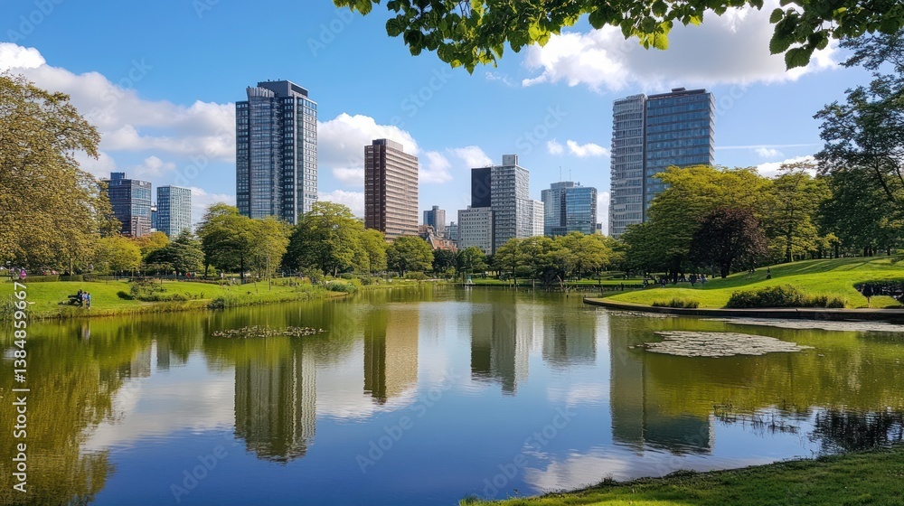 Scenic urban oasis featuring a tranquil lake mirroring the cityscape skyline Scenic urban oasis featuring a tranquil lake mirroring the cityscape skyline