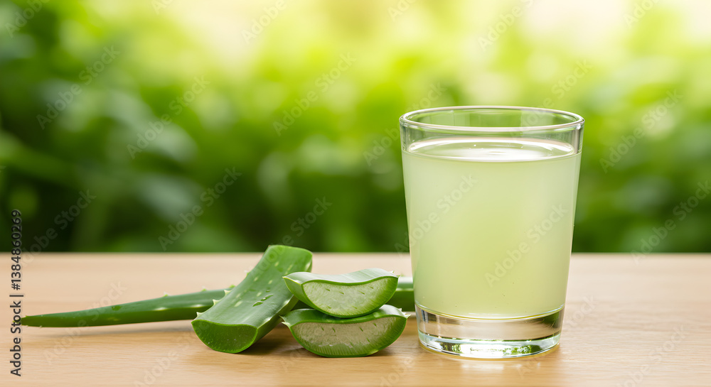 Aloe Vera Juice in Glass with Sliced Leaves on Wooden Table with Green Foliage Background in Sunlight Aloe Vera Juice in Glass with Sliced Leaves on Wooden Table with Green Foliage Background in Sunlight