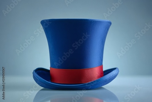 Patriotic blue top hat with red ribbon on reflective background