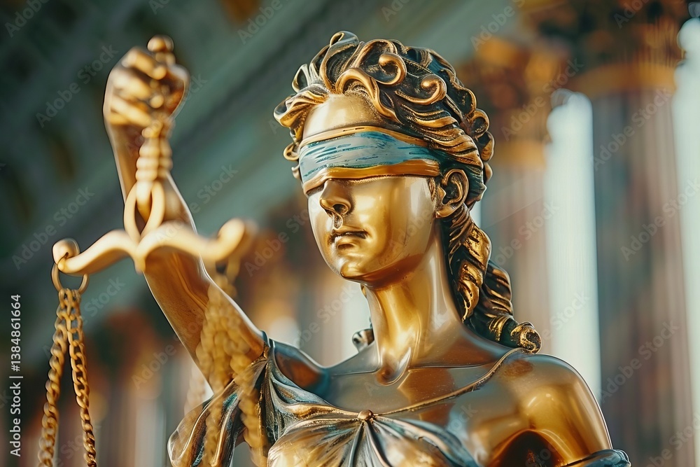 Fototapeta premium Close-Up View of Bronze Lady Statue Holding Scales of Justice: Detailed Symbolism Captured in Photo