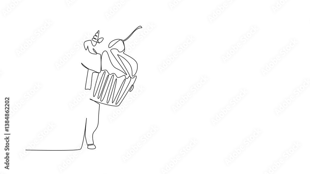 Animated self drawing of single one line drawing the unicorn is standing and hugging a cherry-topped cupcake. The brave one who loves sweet food. National Unicorn Day - Cupcake. Full length animation