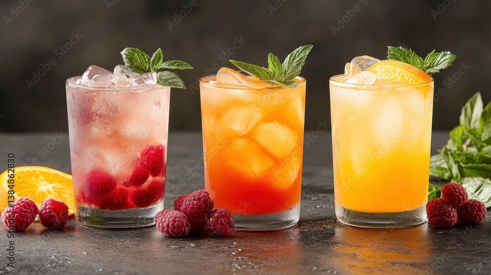 Three refreshing cocktails with ice and colorful fruit garnishes offer a lively and inviting ambiance perfect for summer gatherings, celebrating vibrancy, flavor, and enjoyment. Three refreshing cocktails with ice and colorful fruit garnishes offer a lively and inviting ambiance perfect for summer gatherings, celebrating vibrancy, flavor, and enjoyment.