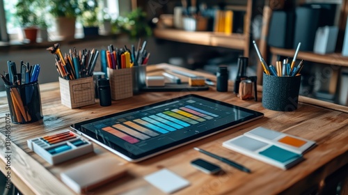 Creative Workspace with Digital Tablet and Art Supplies on Table