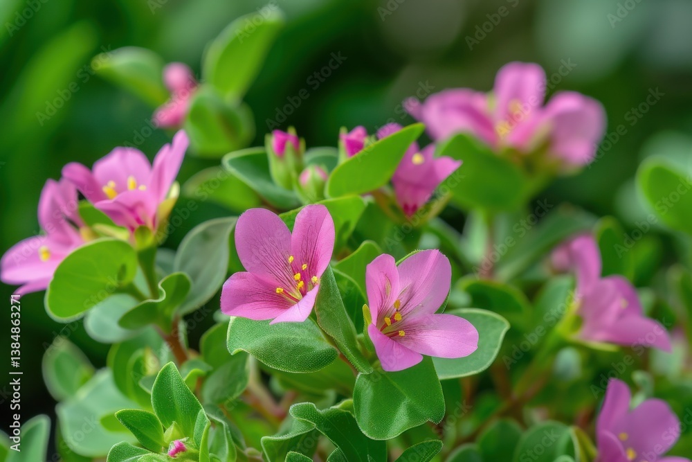 Colorful pink flowers blooming vibrantly among lush green leaves in a garden setting