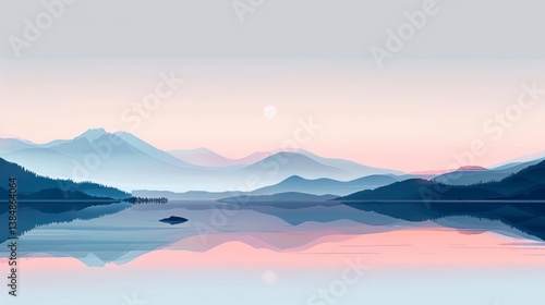 Serene Mountain Lake Reflection: A Pastel Sunrise Panorama