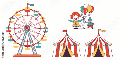 Fun Fairground Vector Art Ferris Wheel Circus Clowns Balloons