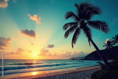 Vintage toned palm tree silhouetted against a bright blue ocean at dusk, silhouette, outdoors, serene