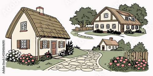 Charming Cartoon Cottages with Thatched Roofs Stone Path and Flowers Illustration